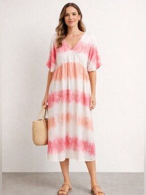 KNOX ROSE OMBRE TIE DYE RAYON LINEN MAXI DRESS PINK CORAL BOHO